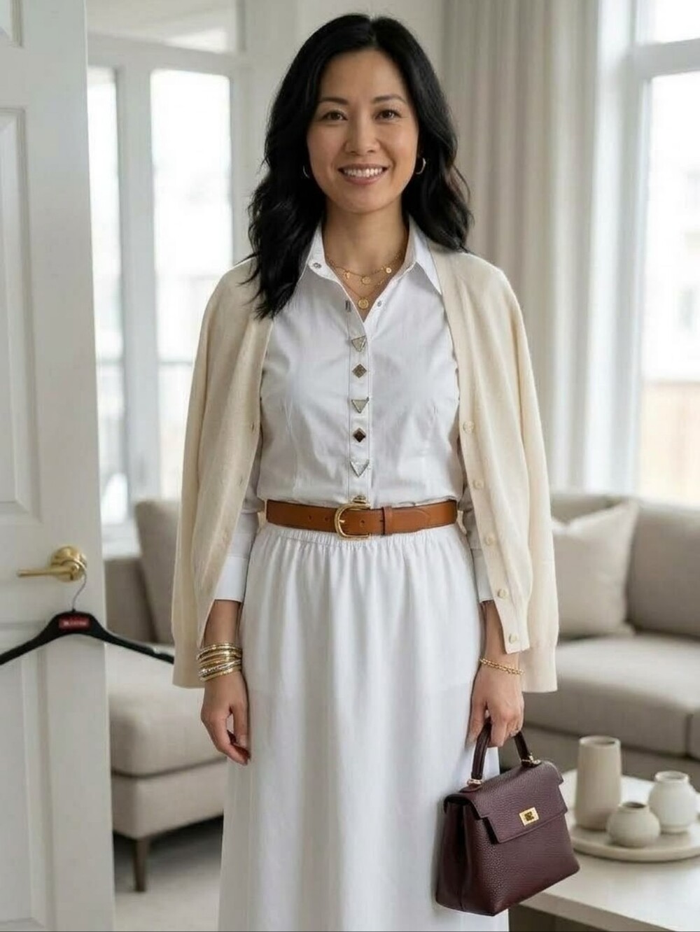 White Women's Button-Up Shirt with Skirt